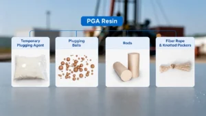 showing PGA resin applications in oil and gas, including temporary plugging agent, plugging balls, PGA rods, and fiber rope for downhole operations.