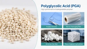 Polyglycolic Acid (PGA) resin pellets with real-world applications including surgical sutures, barrier packaging film, oil and gas frac balls, and tissue engineering scaffolds.