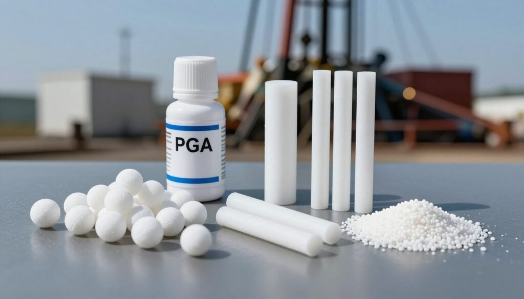 Polyglycolic acid temporary plugging materials displayed for oil and gas well operations