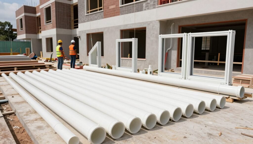 PVC construction applications showing pipes, window profiles, and building materials on construction site