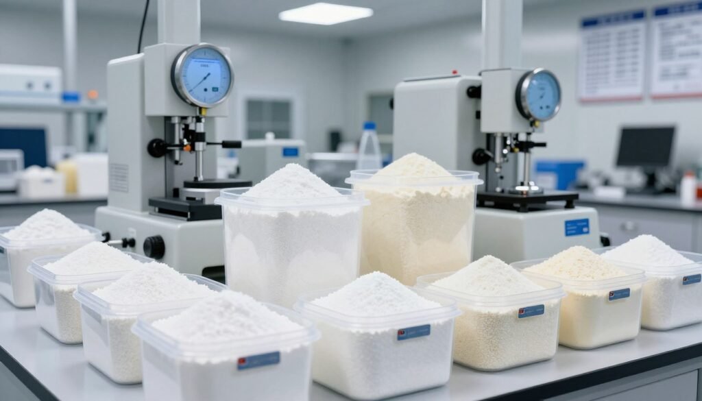 PVC material selection for industrial production showing various PVC resin grades and testing equipment