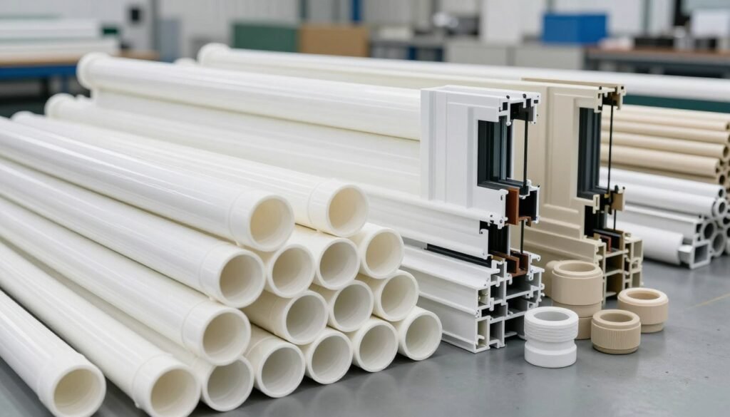 Rigid PVC products including pipes and window profiles in industrial production setting